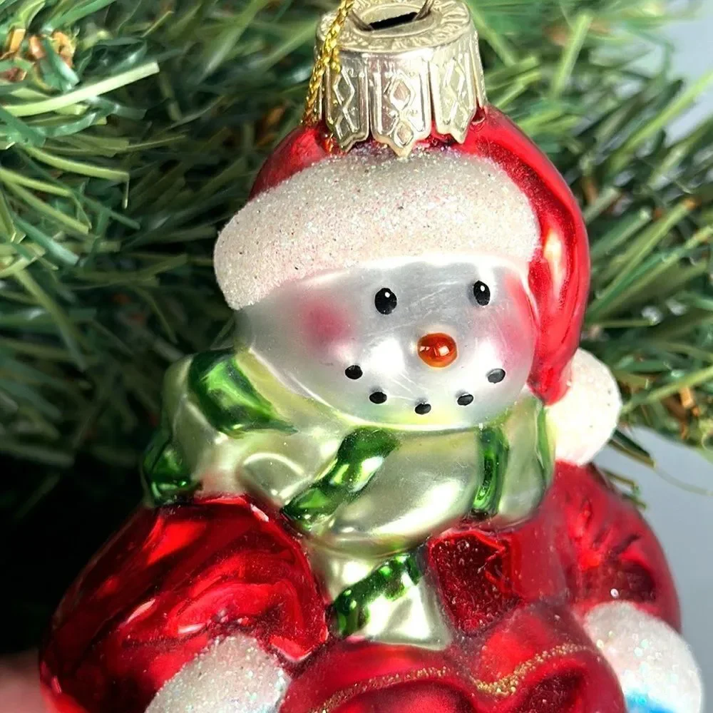 Lao Mai Christmas Ornament Blown Glass Snowman Holding Heart Holiday 5